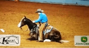Casey Dreary reining horse collapses exhausted in show pen